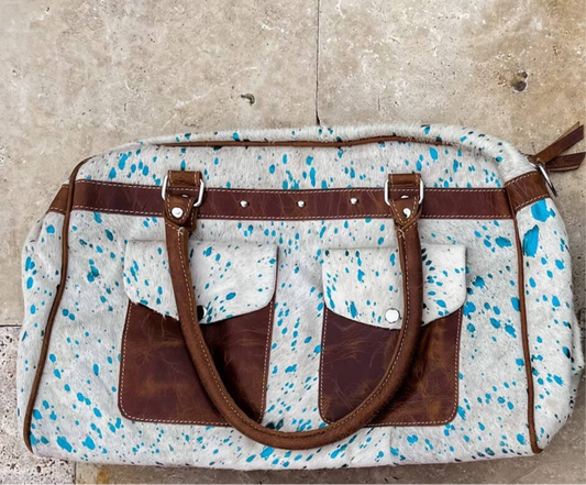 Weekender Duffle Leather Hair On Cowhide Duffel Travel Bag: White + Turquoise