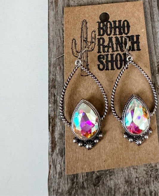 TEARDROP AB STONE Rhinestone Teardrop Earrings: Silver