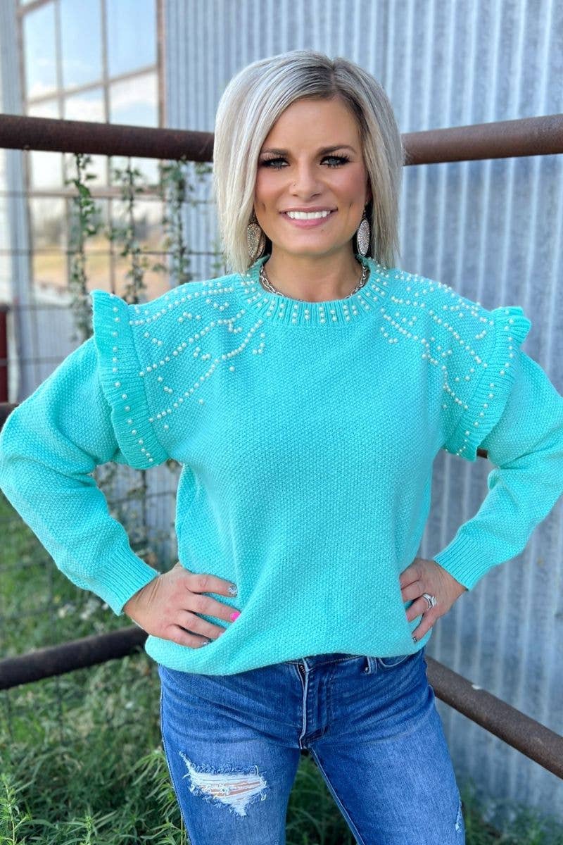 You Are The Pearl Sweater - Turquoise: XL