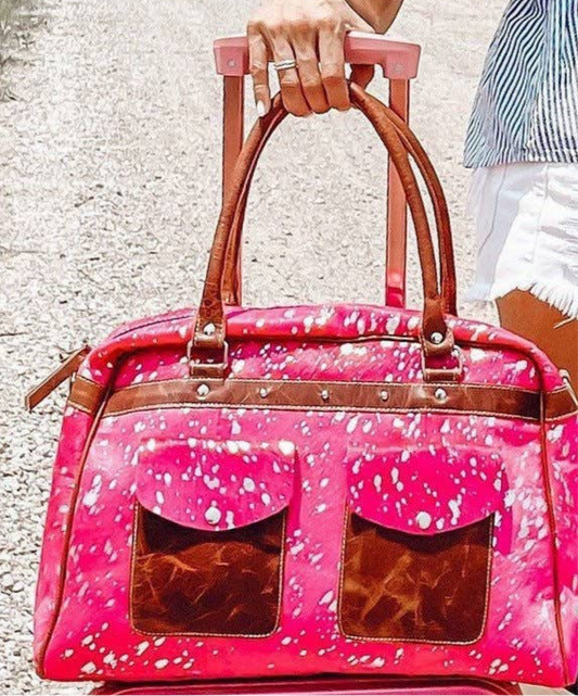 Weekender Duffle Leather Hair On Cowhide Duffel Travel Bag: Pink + Silver Specs