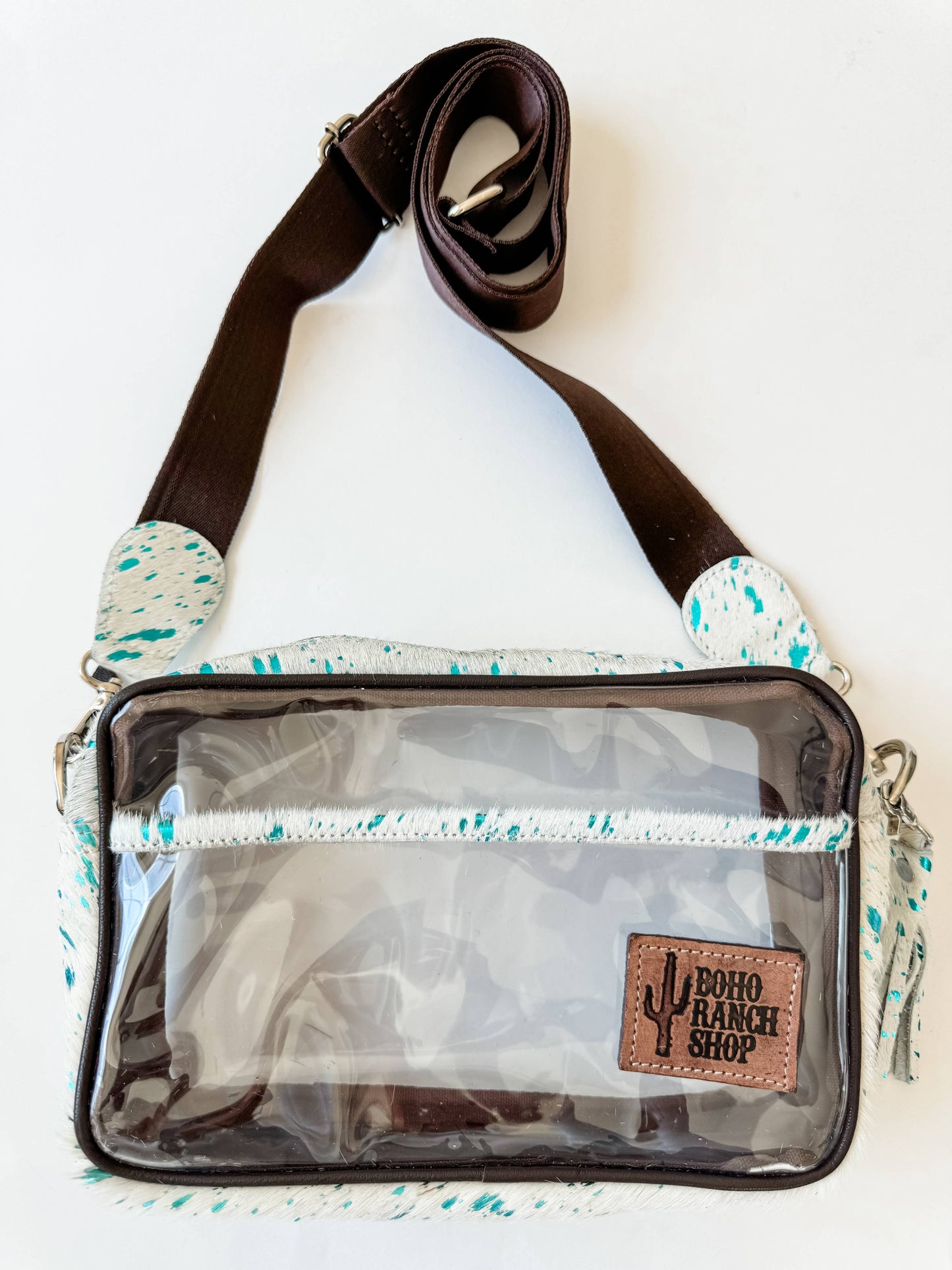 PRISCILLA CLEAR cowhide crossbody purse - concert festival: White + Turquoise