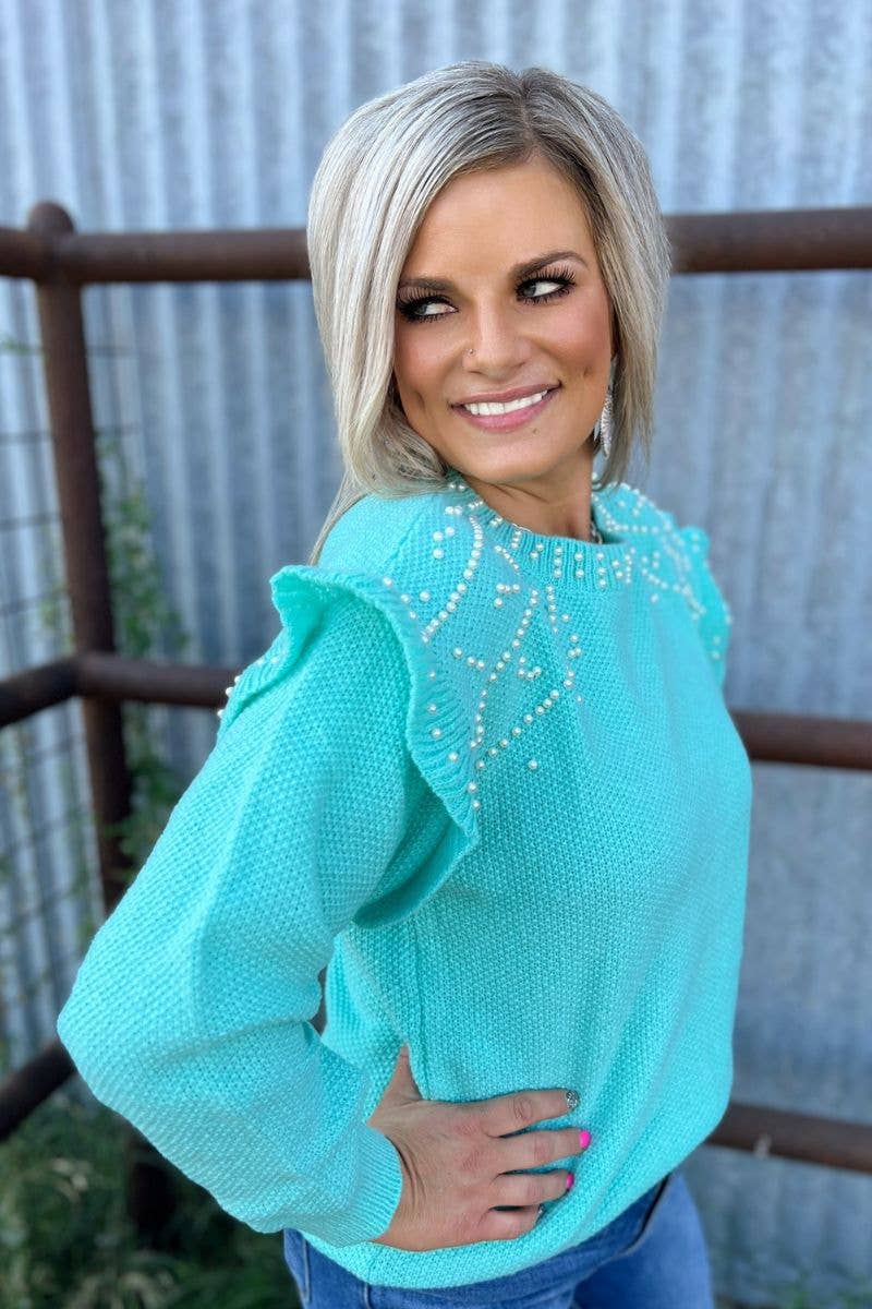 You Are The Pearl Sweater - Turquoise: XL